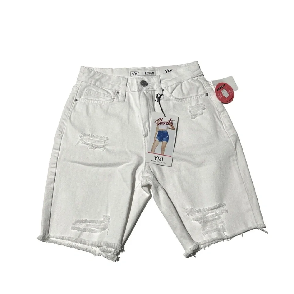 YMI Women's High‎ Rise White Distress Denim Shorts 